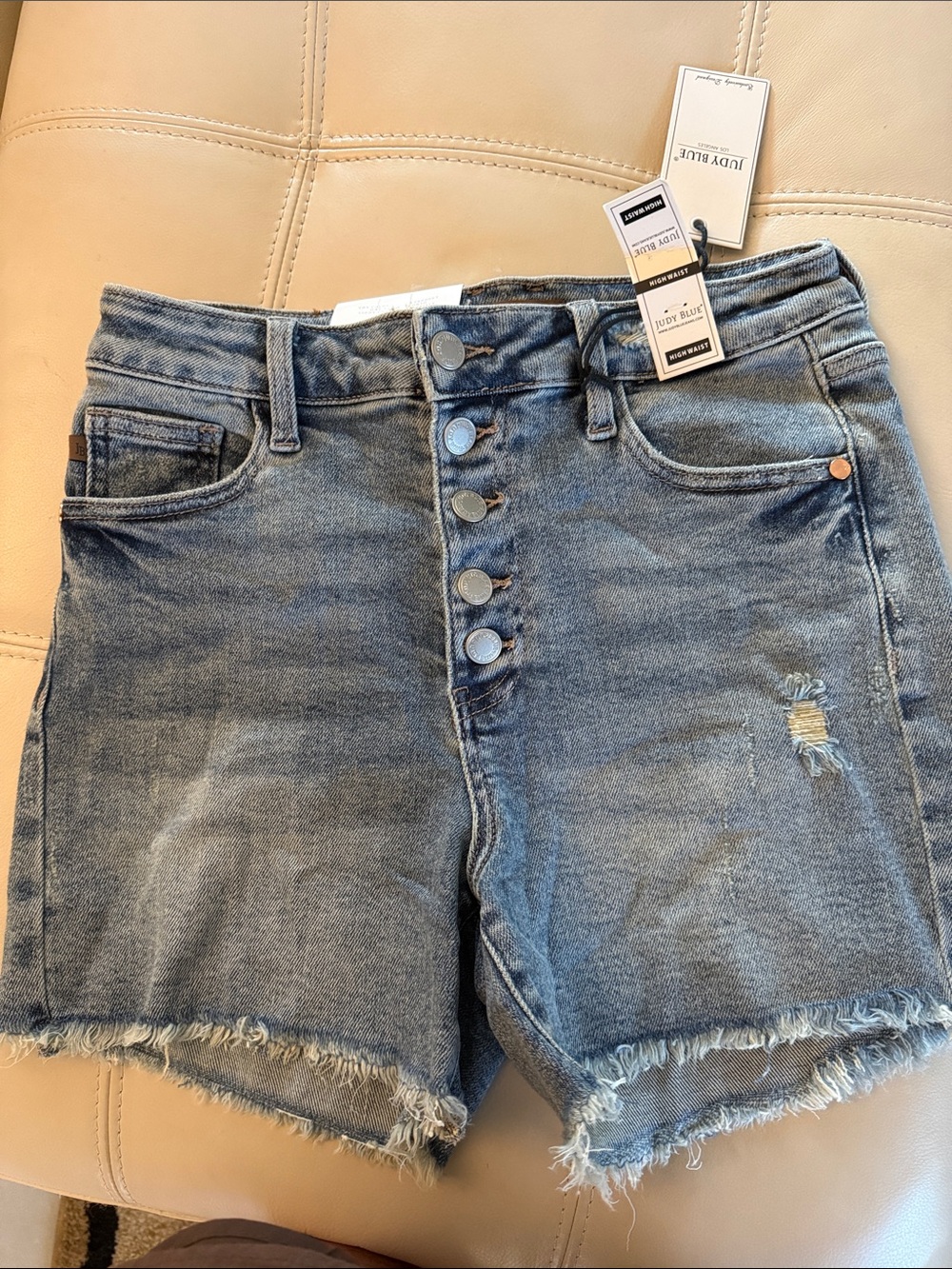 Judy Blue Light Blue High-Rise Button-Fly Distressed Denim Shorts